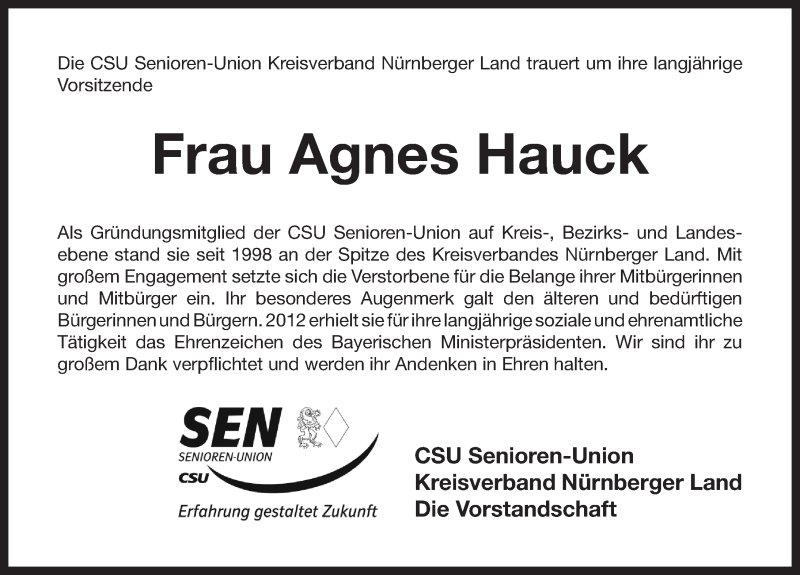  Traueranzeige für Agnes Hauck vom 01.07.2014 aus Pegnitz-Zeitung